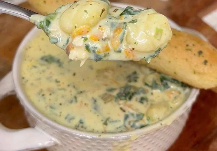 Bowl of creamy chicken gnocchi soup with fresh herbs and vegetables