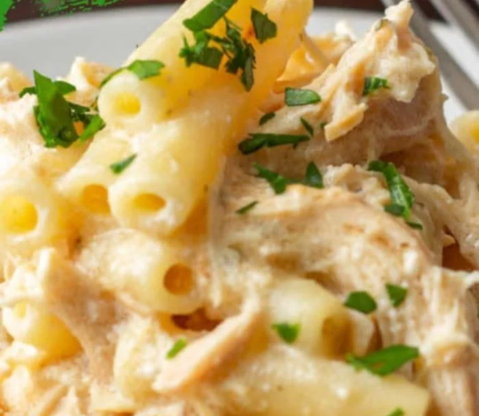A plate of creamy Italian chicken garnished with herbs and served over pasta.