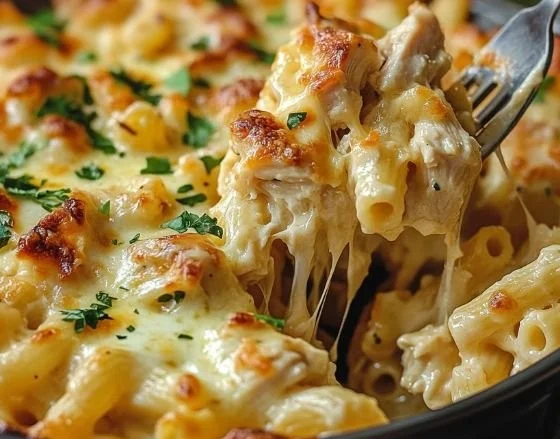 Garlic Parmesan Chicken Pasta Bake dish served in a baking dish