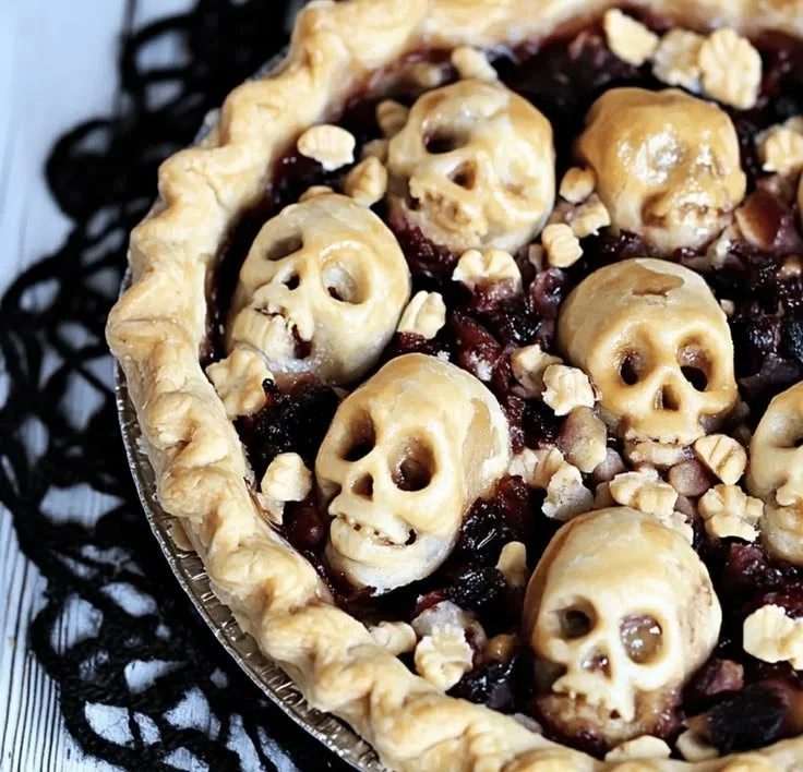 Halloween Pie decorated with shrunken heads, perfect for spooky festivities